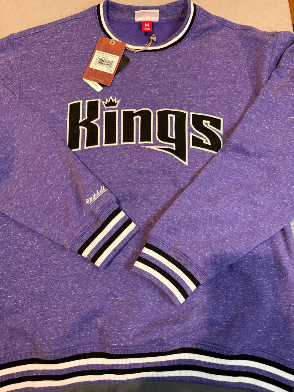 Mitchell & Ness Purple Kings Crewneck Sweatshirt with Striped Trim